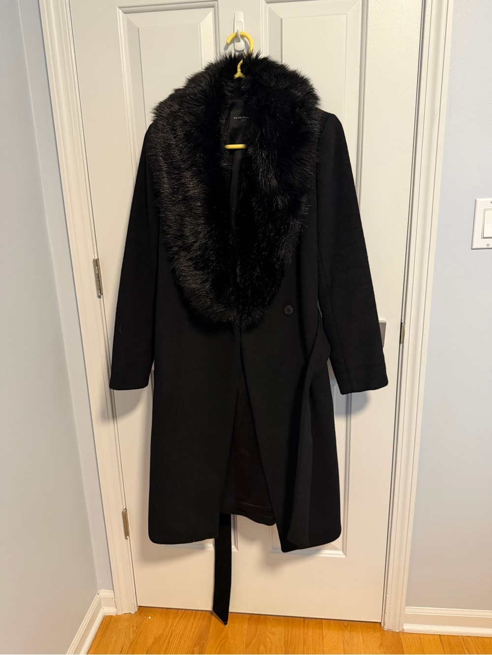Club Monaco Black Long Wool Trench Coat with Faux Fur Collar